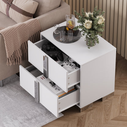 Modern End Table with Drawers, Elegant Nightstand with Metal Foot,Wood Bedside Table with Mirrored Metal Handles,Sofa Side End Table for Bedroom Living Room Office,White