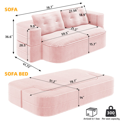 78.7-Inch Baby-Pink Convertible Corduroy Sleeper Floor Sofa-Bed with Zip-On Blanket & 2 Pillows No-Assembly