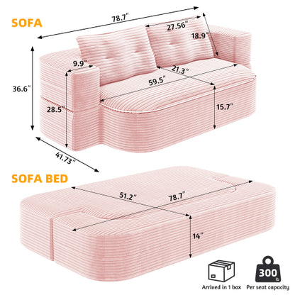 78.7-Inch Baby-Pink Convertible Corduroy Sleeper Floor Sofa-Bed with Zip-On Blanket & 2 Pillows No-Assembly