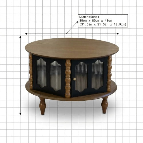 31.5inch  Round Wooden Coffee Table with Glass Doors, Walnut & Black