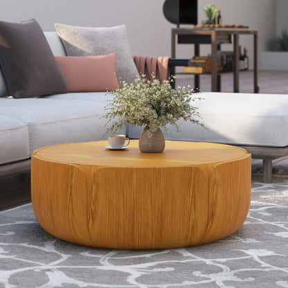 35.63" Round Outdoor Indoor Coffee Table, Modern Wood Grain Drum Center Table, Sturdy MGO (Magnesium Oxide) Waterproof, No-Assembly Table for Patio, Garden, Backyard, Living Room (Wood Color)