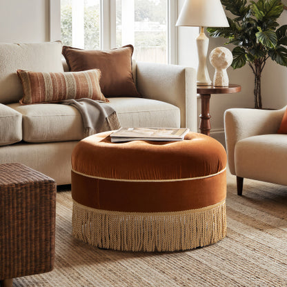 24 inch Burnt Orange Performance Velvet Round Ottoman, Vintage Fringe Accent Stool, Handcrafted Hardwood Frame