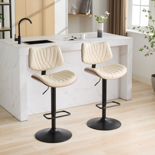 Walnut Bentwood Bar Stools Mid Century Modern Adjustable Counter Height Black Leather Upholstered 360¡ãSwivel Bar Chairs for Kitchen Island/Dining Room/Cafe,Beige,Set of 2