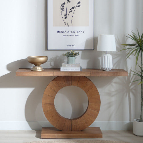 53.2in Modern Minimalist Wooden Console Table Circular Base Wooden Console Table  ¨C Elegant Decorative Accent for Entryway, Living Room, and Hallway