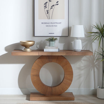 53.2in Modern Minimalist Wooden Console Table Circular Base Wooden Console Table  ¨C Elegant Decorative Accent for Entryway, Living Room, and Hallway