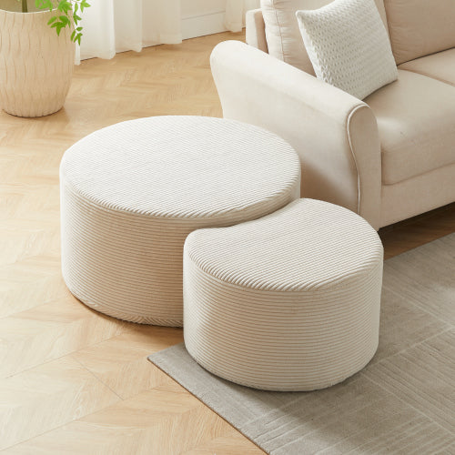 Nesting Coffee Table Set of 2 Upholstered Round Foam Ottoman Side Tables No Assembly