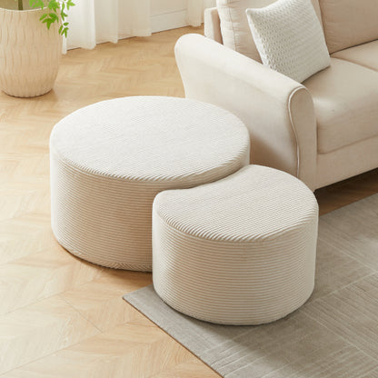 Nesting Coffee Table Set of 2 Upholstered Round Foam Ottoman Side Tables No Assembly