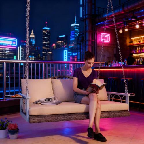 Outdoor Patio Porch Swing Bench with Cup Holders, Cushions 3 Person Wicker Hanging