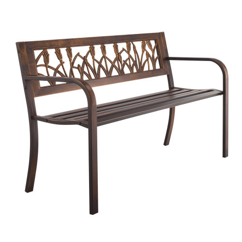Outdoor Bench, 50 inch, Carbon Steel Metal Frame with PVC Floral Pattern Backrest and Round Edge Armrests, Weatherproof Outside Bench for Patio, Garden, Park, Yard, Front Porch, Antique Bronze