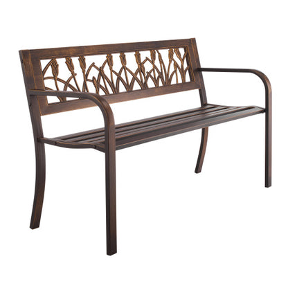 Outdoor Bench, 50 inch, Carbon Steel Metal Frame with PVC Floral Pattern Backrest and Round Edge Armrests, Weatherproof Outside Bench for Patio, Garden, Park, Yard, Front Porch, Antique Bronze