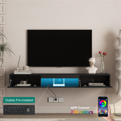 Black Floating TV Stand with 16 Color LED Lights and Storage