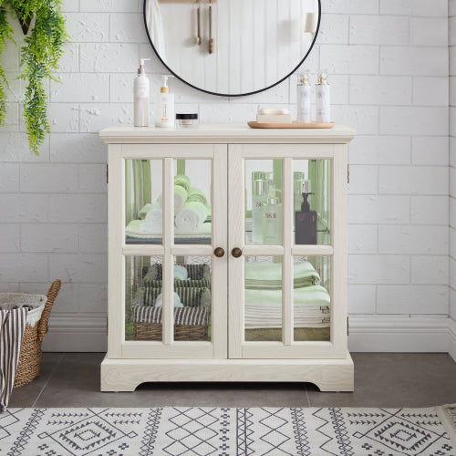 White Retro 7-Color Bluetooth LED Lattice Glass Display Cabinet