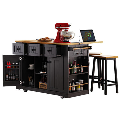 53inch Large Kitchen Island with 2 Bar Stools, Power Outlet,Door Internal Storage Rack, Kitchen Storage Cart on 5 Wheels with Drop Leaf, 5 Open Side Racks, 3 Drawers,Black (Three Packages)
