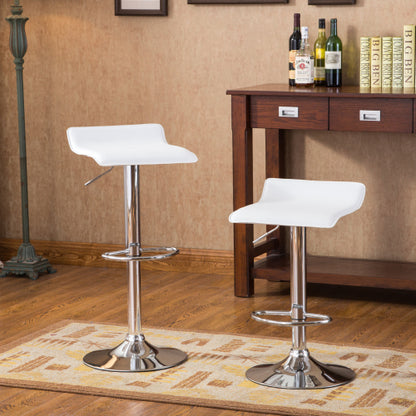 White Adjustable Height Wood and Chrome Metal Bar Table and 2 Chrome Air Lift Adjustable Swivel Stools Set