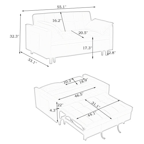 Modern Velvet 3-in-1 Convertible Sleeper Loveseat Futon Sofa-Bed w/Pockets & Pillows for Living Room
