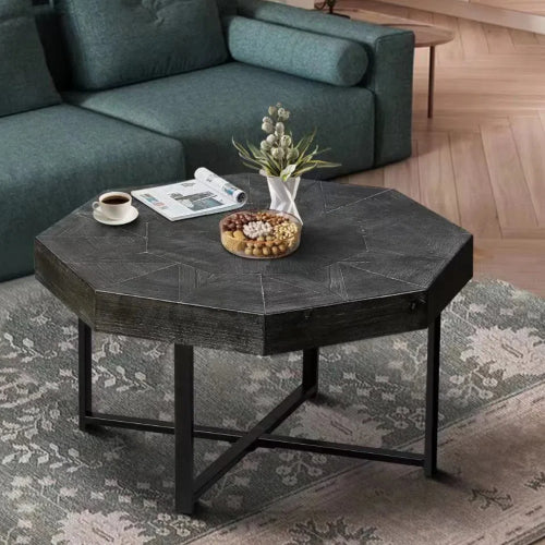 30 Inch Octagonal Patchwork Coffee Table, Antique Black