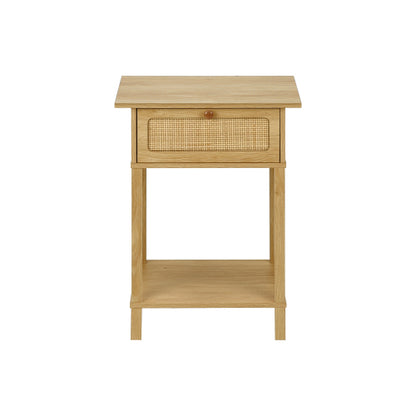 Natural Rattan Accent Table 2 Tier Storage Nightstand with Drawer