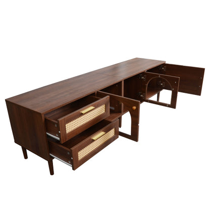 Rattan TV Stand with Drawers Glass Doors and LED Lights for 80 Inch TVs