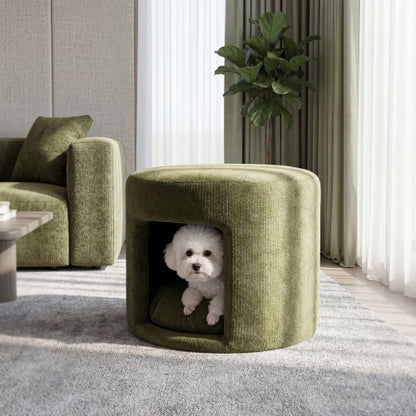 23.6 inch Round Green Pet Friendly Ottoman with Hidden Pet Nook, Acacia Wood Legs, 220 LBS Loading Capacity