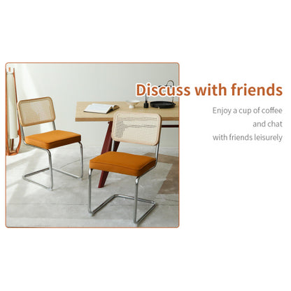 Set of 2 Orange Velvet Rattan Cantilever Dining Chairs, Chrome Tubular Steel Breuer Stackable Side Chairs
