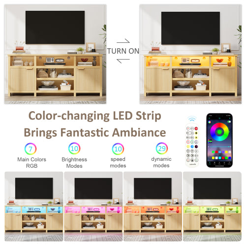 Oak Highboy LED TV Stand with Adjustable Storage Cabinets for 80 Inch TV Entertainment Center