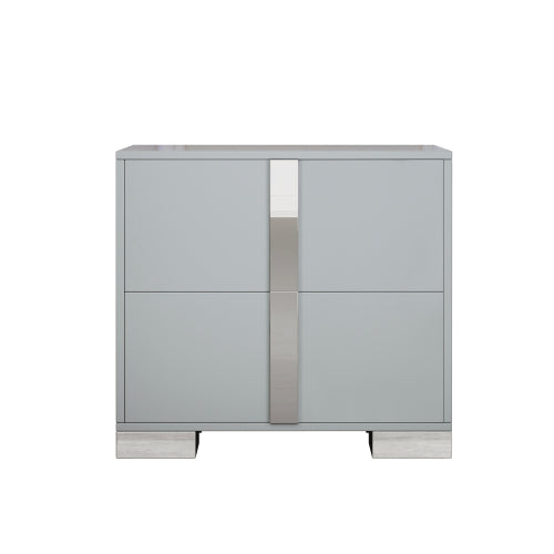 Elegant Nightstand with Metal Foot, Mirrored Bedside Table with 2 Drawers for Bedroom, Living Room, Gray