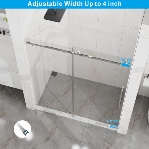 Goodyo Frameless Shower Door, 60" W x 72" H Silent Sleek Sliding Glass Door, 1/4" (6mm) Thick Tempered Clear Glass with Easy-clean Coating, Heavy-Duty 304 Stainless Steel, Chrome