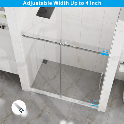 Goodyo Frameless Shower Door, 60" W x 72" H Silent Sleek Sliding Glass Door, 1/4" (6mm) Thick Tempered Clear Glass with Easy-clean Coating, Heavy-Duty 304 Stainless Steel, Chrome