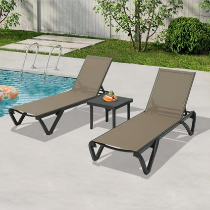 Pool Lounge Chairs Set of 2 with Side Table, Aluminum Adjustable Outdoor Chaise Lounge with Wheels, All Weather Poolside Chairs for Deck Lawn Patio Backyard, Textilene, Khaki