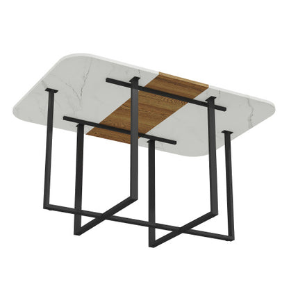 Modern Dining Table for 4-6 with Faux Marble Top and Walnut Accent