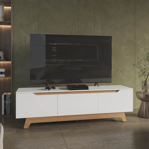 65 Inch White Ash Two-Tone Low Profile TV Stand with Dual Cabinets & Cable Cutouts