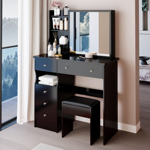 37" Middle Size Left Drawer Desktop Vanity Table + Cushioned Stool, Extra Large Right sliding mirror, Multi Layer High Capacity Storage, Practical Fashionable Dresser, Suitable For Large Space