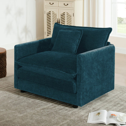 Blue Chenille Deep-Seat Single Reading Armchair with 1 Throw Pillow
