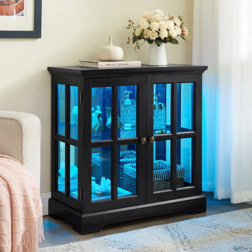 Black Retro 7-Color Bluetooth LED Lattice Glass Adjustable Display Cabinet