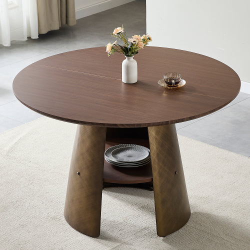 Retro Round Dining Table with Storage Layer, Walnut