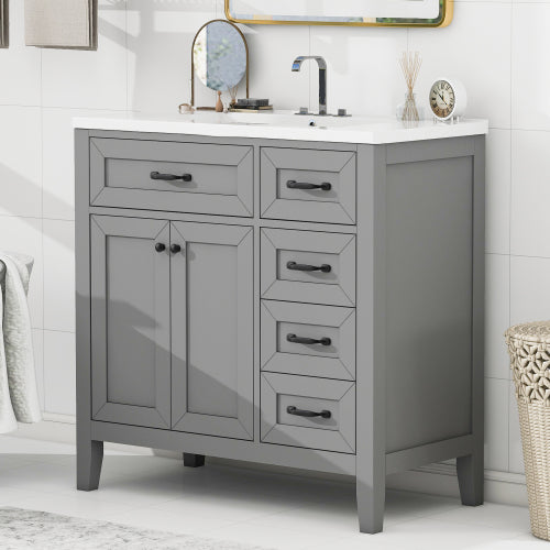 36" Bathroom Vanity with Sink Combo, Gray Bathroom Cabinet with Drawers, Solid Frame and MDF Board (Old Sku:JL000007AAE)