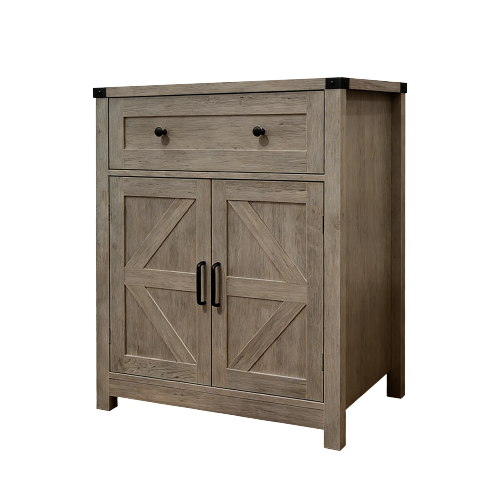 Light Gray-Washed Wood Farmhouse Barn-Door Storage Cabinet, Coffee Bar Buffet Sideboard with Drawer for Kitchen & Living Room