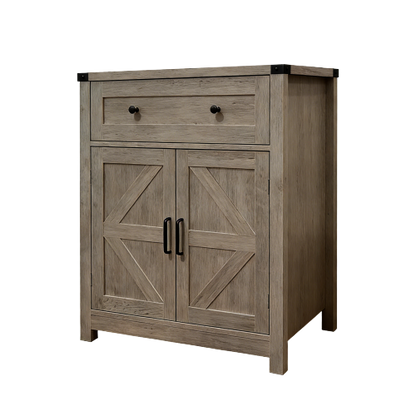Light Gray-Washed Wood Farmhouse Barn-Door Storage Cabinet, Coffee Bar Buffet Sideboard with Drawer for Kitchen & Living Room