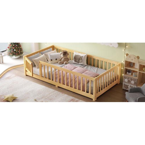 Twin Size Bed Floor Bed with Safety Guardrails and Door for Kids, Natural