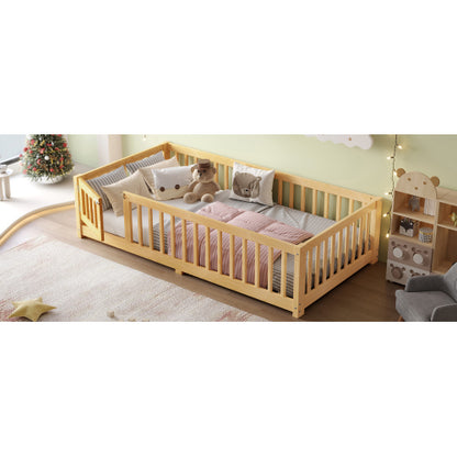 Twin Size Bed Floor Bed with Safety Guardrails and Door for Kids, Natural