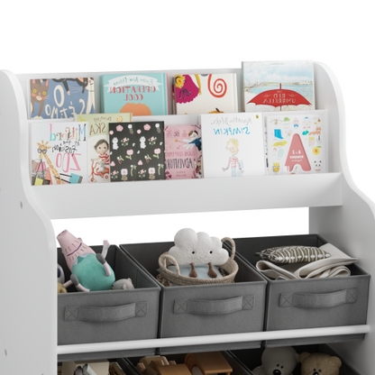 Kids Bookshelf With 6 Fabric Bins Front Display Toy Book Storage Cabinet