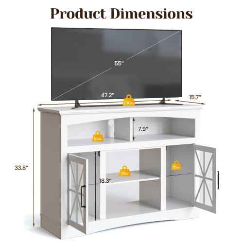 47 Inch White Farmhouse Retro TV Console with Glass Doors, LED Lights & UL Certified Fireplace Space