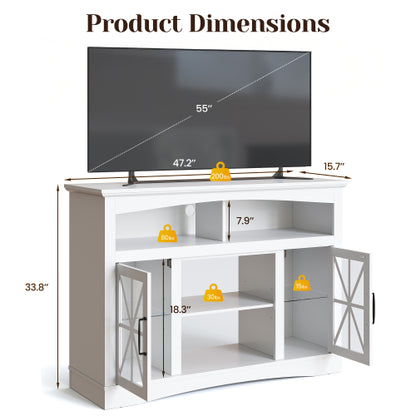 47 Inch White Farmhouse Retro TV Console with Glass Doors, LED Lights & UL Certified Fireplace Space