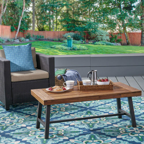 Modern Industrial Brown Acacia Wood Slat Coffee Table with Metal Frame
