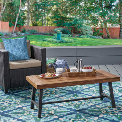 Modern Industrial Brown Acacia Wood Slat Coffee Table with Metal Frame