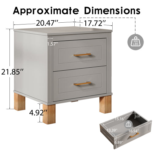 Gray Fluted Nightstand, 2-Drawer Bedside Table with Metal Handles & Solid Wood Legs