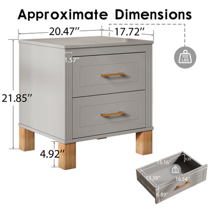 Gray Fluted Nightstand, 2-Drawer Bedside Table with Metal Handles & Solid Wood Legs