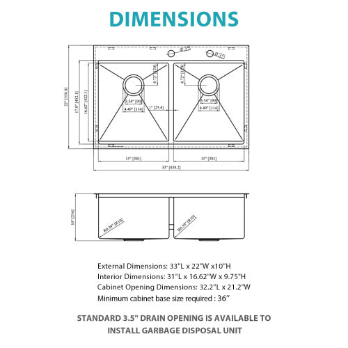 Topmount Drop in Kitchen Sink - 33" x 22" x 10" Double Bowl (50/50) Kitchen Sink 16 Gauge with Two 10" Deep Basin, Brushed Nickel