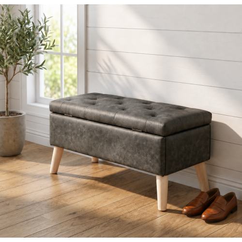 32 inch Square Storage Ottoman Bench with Built-in Tray, Upholstered Multi-Purpose Footrest, End of Bed Bench for Bedroom & Living Room