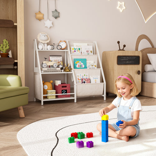 White Montessori Kids Bookshelf Wooden Fabric Combined Anti-Tip Toddler Nursery Book Toy Storage Rack